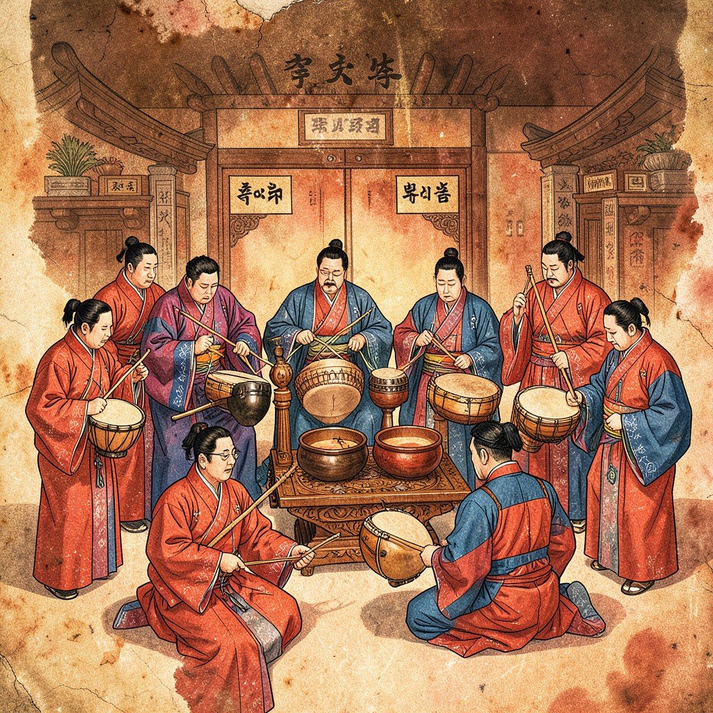 artistic illustration of Jongmyo Jeryeak royal ancestral ritual music performance, Korean traditional musicians in ceremonial red and blue robes playing ancient instruments, textured background, warm tones, 4:3