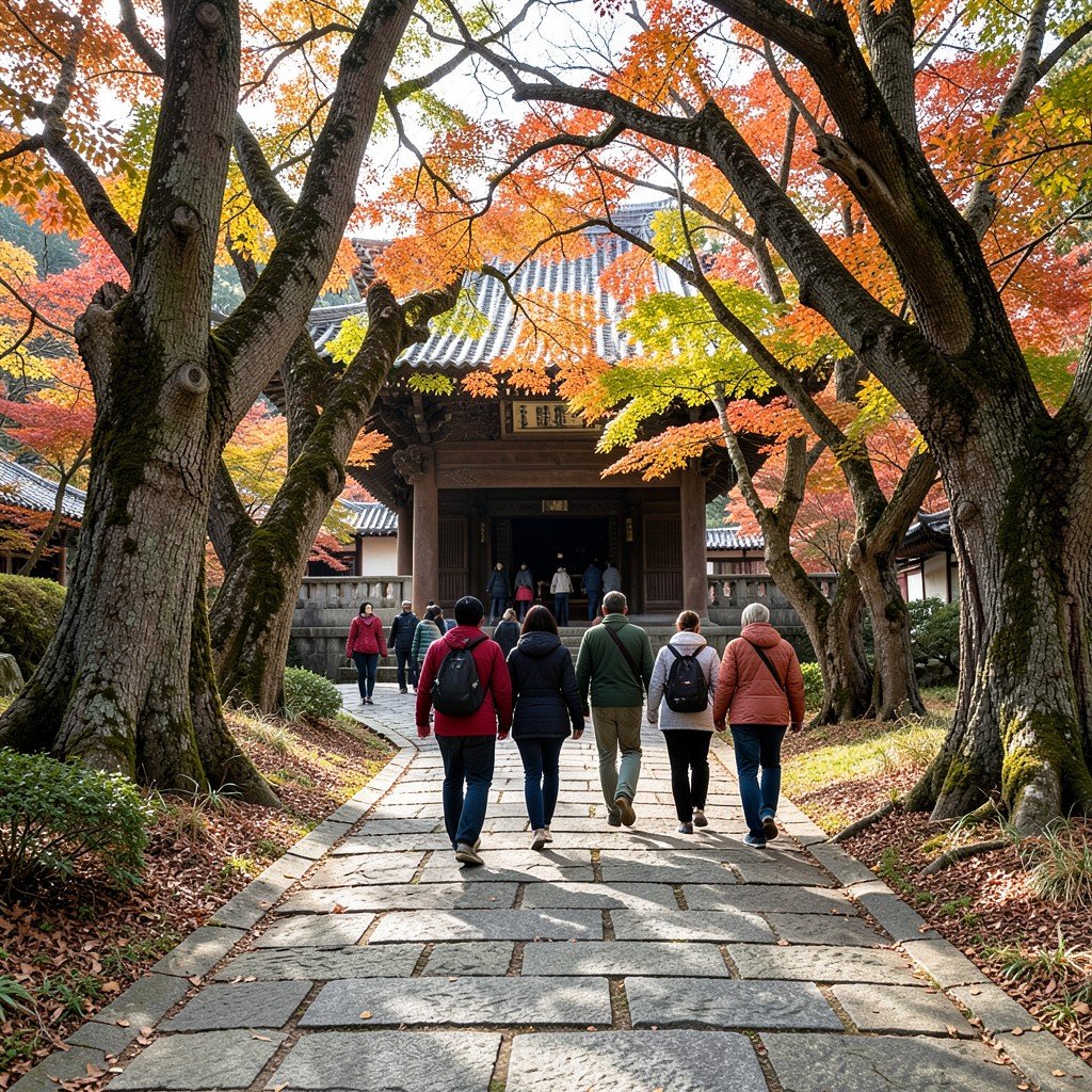 visitors walking along stone path inside Jongmyo Shrine surrounded by old trees, peaceful atmosphere, autumn foliage, Korean heritage site scenery, natural lighting, 4:3