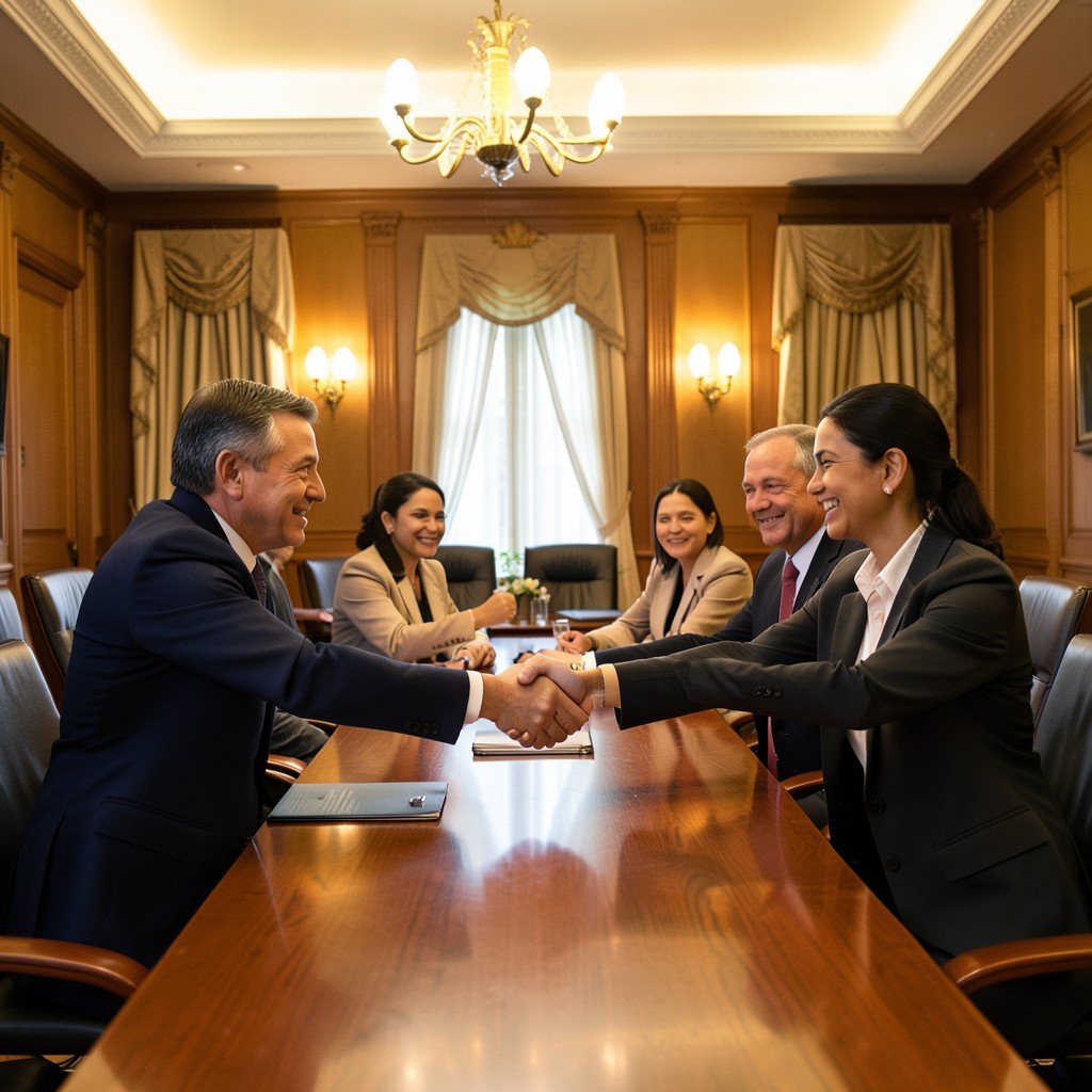 Two groups of professionals shaking hands across a conference table in an elegant government meeting room, warm lighting, diplomatic atmosphere, no text, 4:3