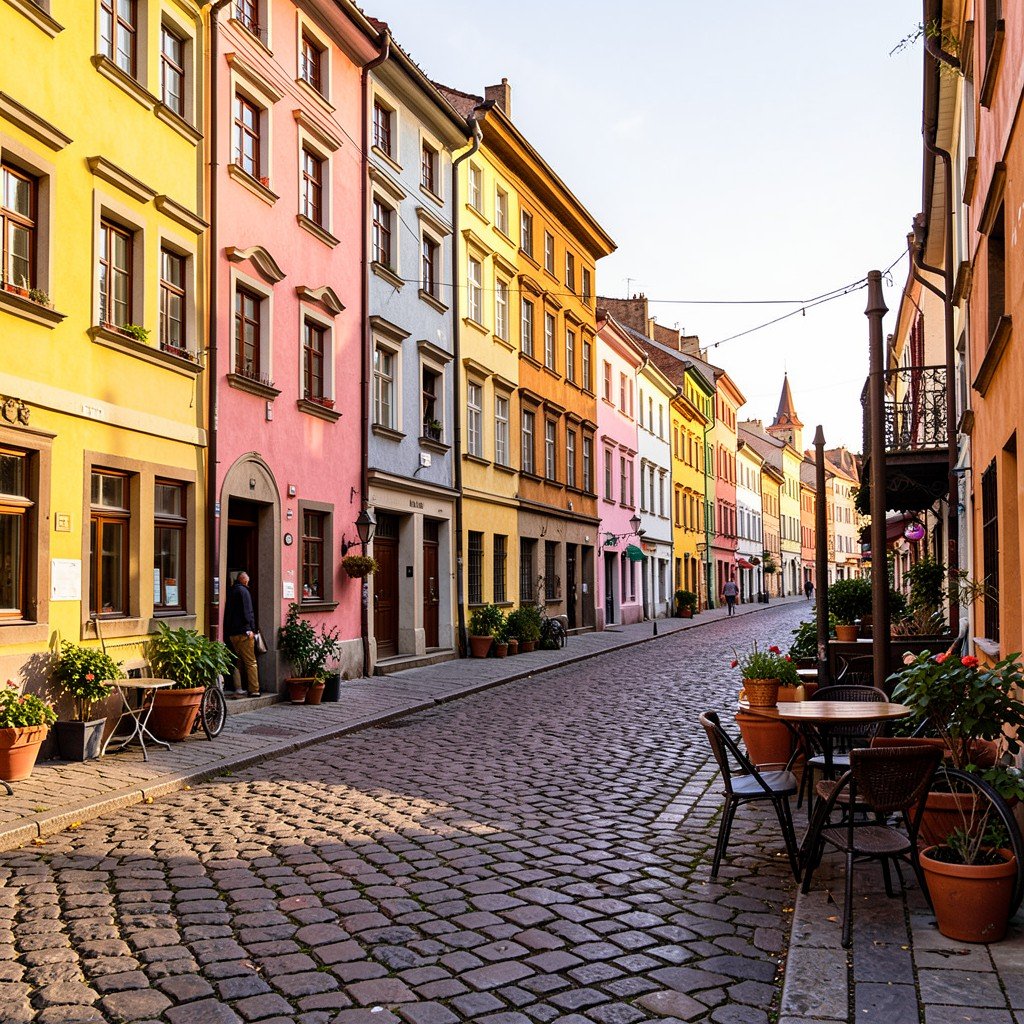 Cobblestone street in Kutna Hora old town with colorful historic buildings and a small cafe, European travel photography, warm afternoon sunlight, 4:3