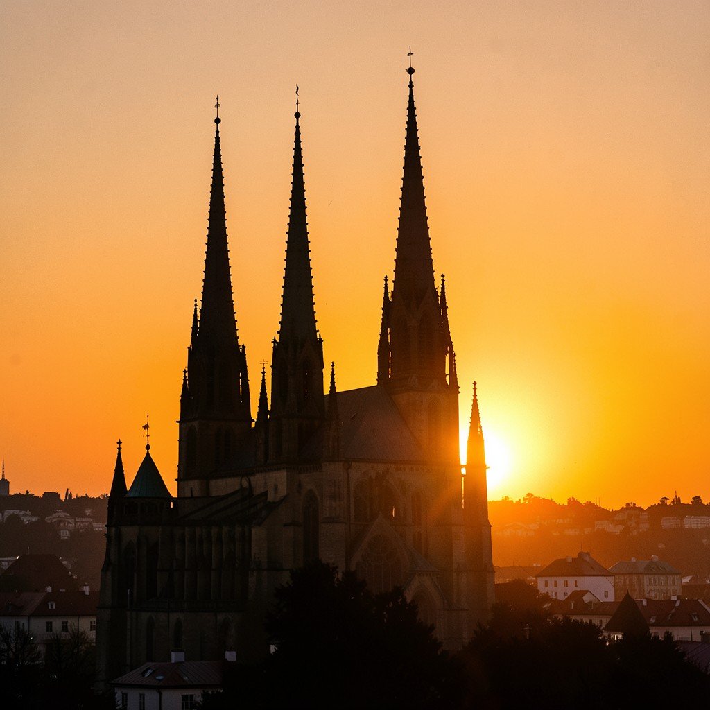 St Barbara Cathedral in Kutna Hora at golden sunset, silhouette of Gothic spires against orange sky, Czechia UNESCO World Heritage site, cinematic travel photography, 4:3