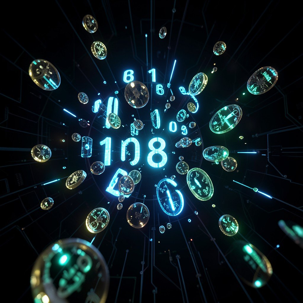 Abstract concept of inflated digital numbers and glowing tokens floating in dark tech environment, symbolic illustration, no text, 4:3