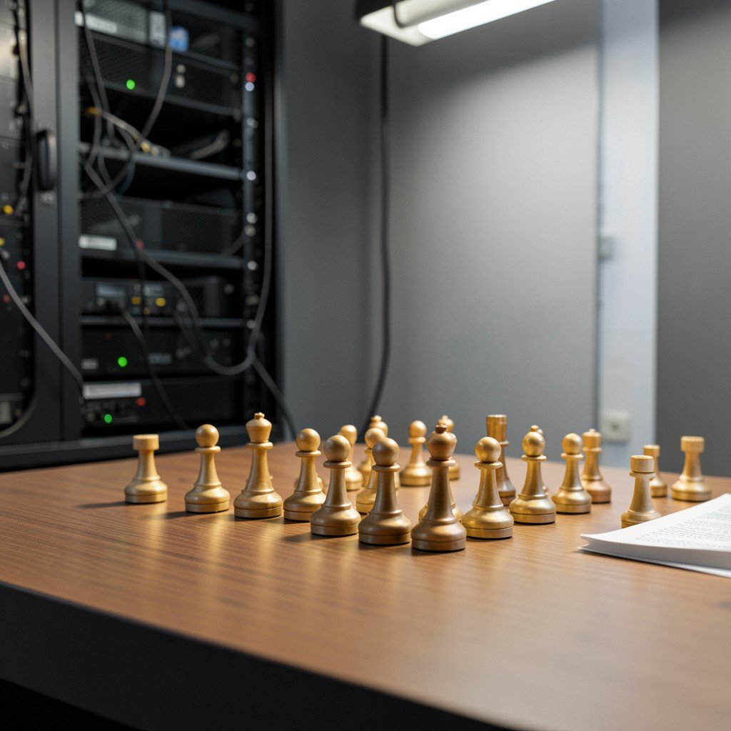 Careful strategic planning concept with chess pieces on modern desk near server equipment, calm professional lighting, no text, 4:3