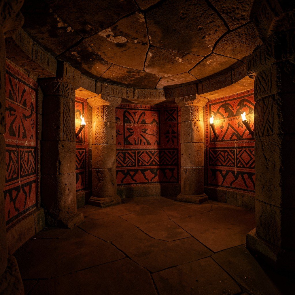 Interior of ancient underground hypogeum tomb chamber in Tierradentro Colombia, circular stone room with carved columns and red and black geometric wall paintings, warm torch lighting, mysterious archaeological atmosphere, 4:3