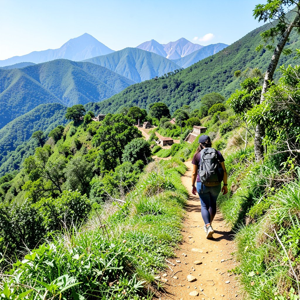 Hiking trail along green mountain ridge in Tierradentro archaeological park Colombia, dirt path through lush hills with distant Andes peaks, a traveler walking with backpack, bright daylight, 4:3