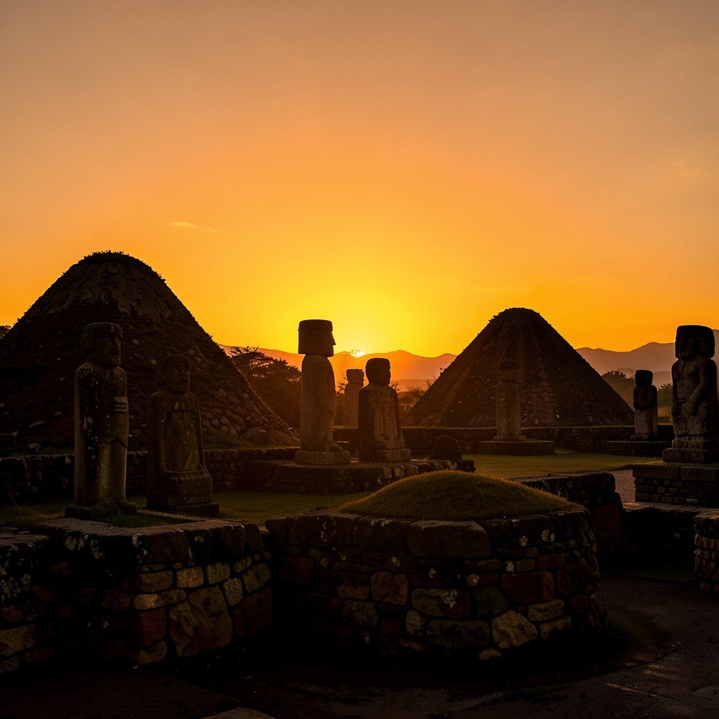Golden sunset over ancient stone statues and burial mounds in Tierradentro Colombia archaeological park, warm orange sky, silhouettes of pre-Columbian stone figures, peaceful historic landscape, 4:3