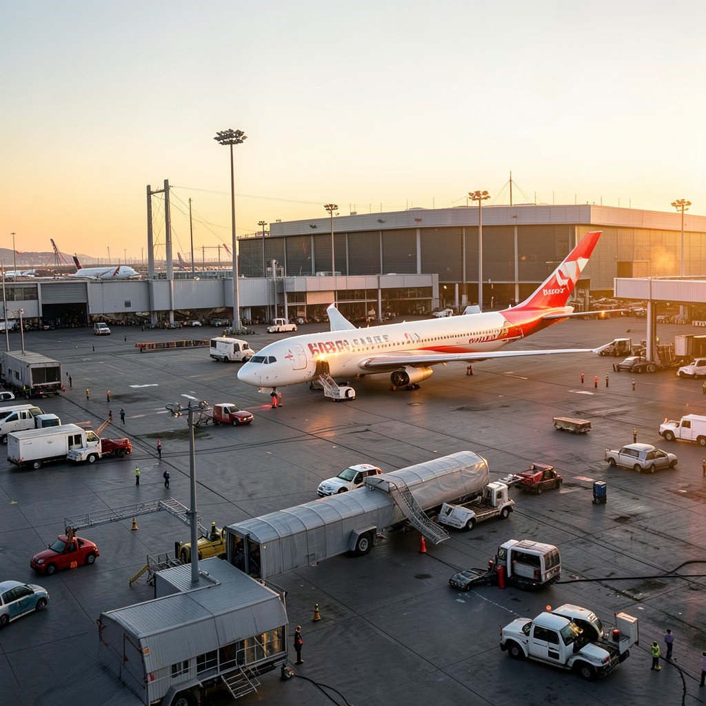 United Airlines aircraft preparing for takeoff at busy international airport terminal, golden hour lighting, photorealistic, 4:3