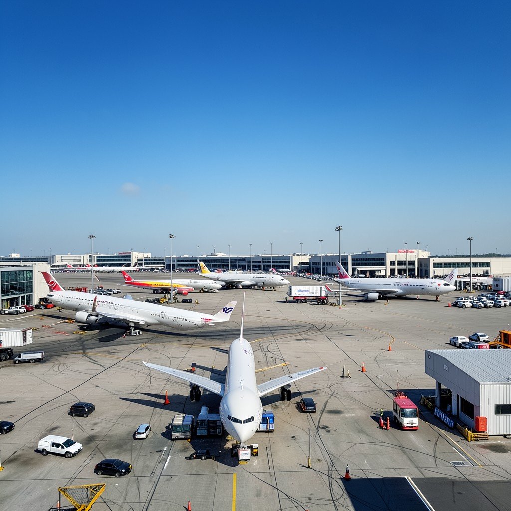 Multiple large commercial airplanes parked at airport gates, wide view of busy hub airport, clear blue sky, photorealistic, 4:3