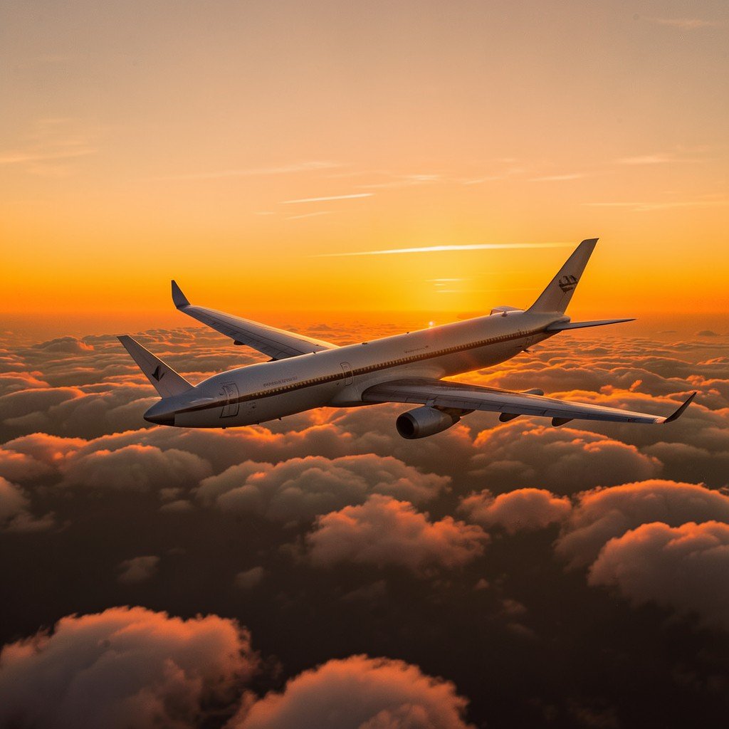 Commercial airplane flying above clouds at sunset, warm orange sky, cinematic aviation photography, 4:3