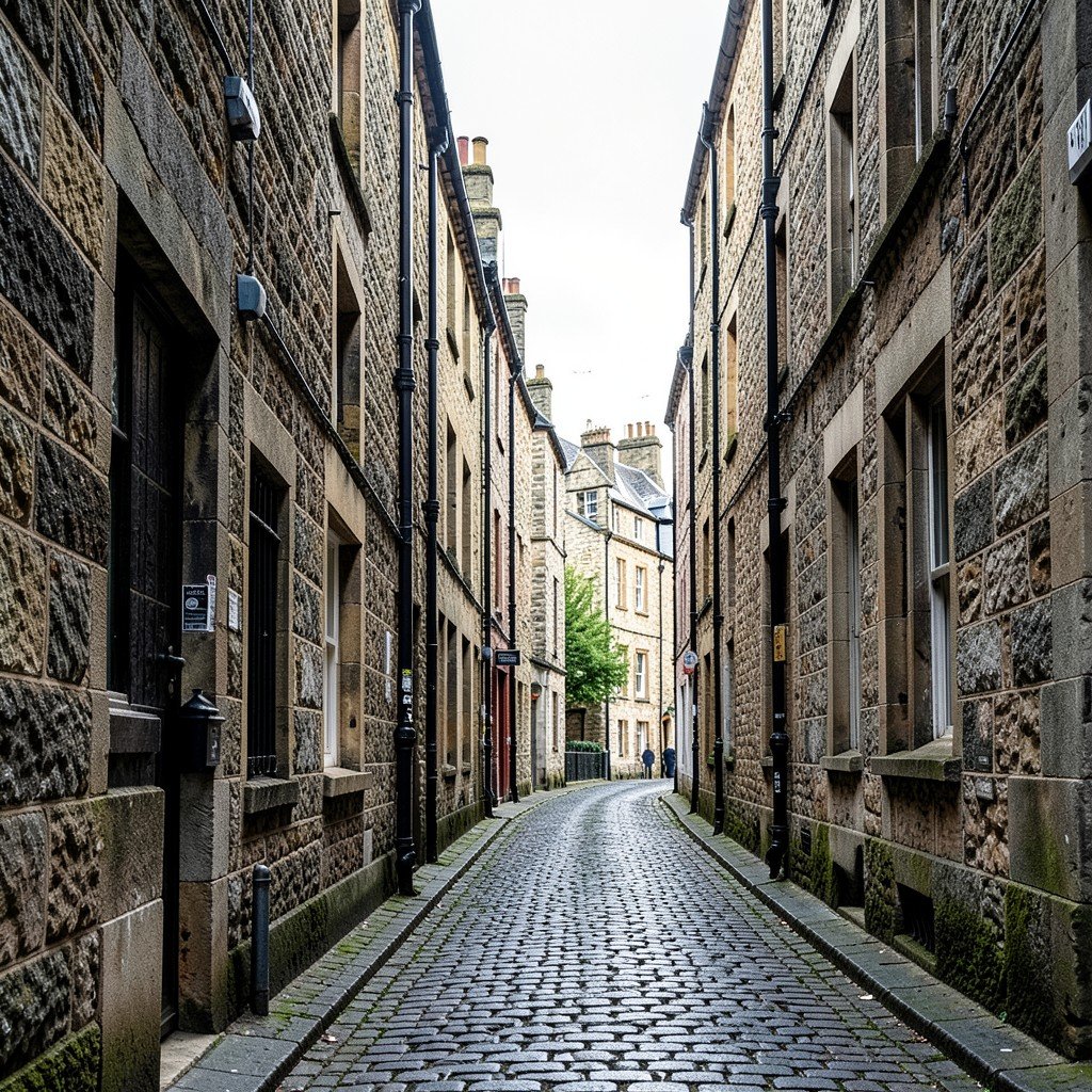 Narrow medieval alley called close in Edinburgh Old Town, tall stone tenement buildings on both sides, cobblestone street, moody but bright daylight, UNESCO World Heritage atmosphere, 4:3