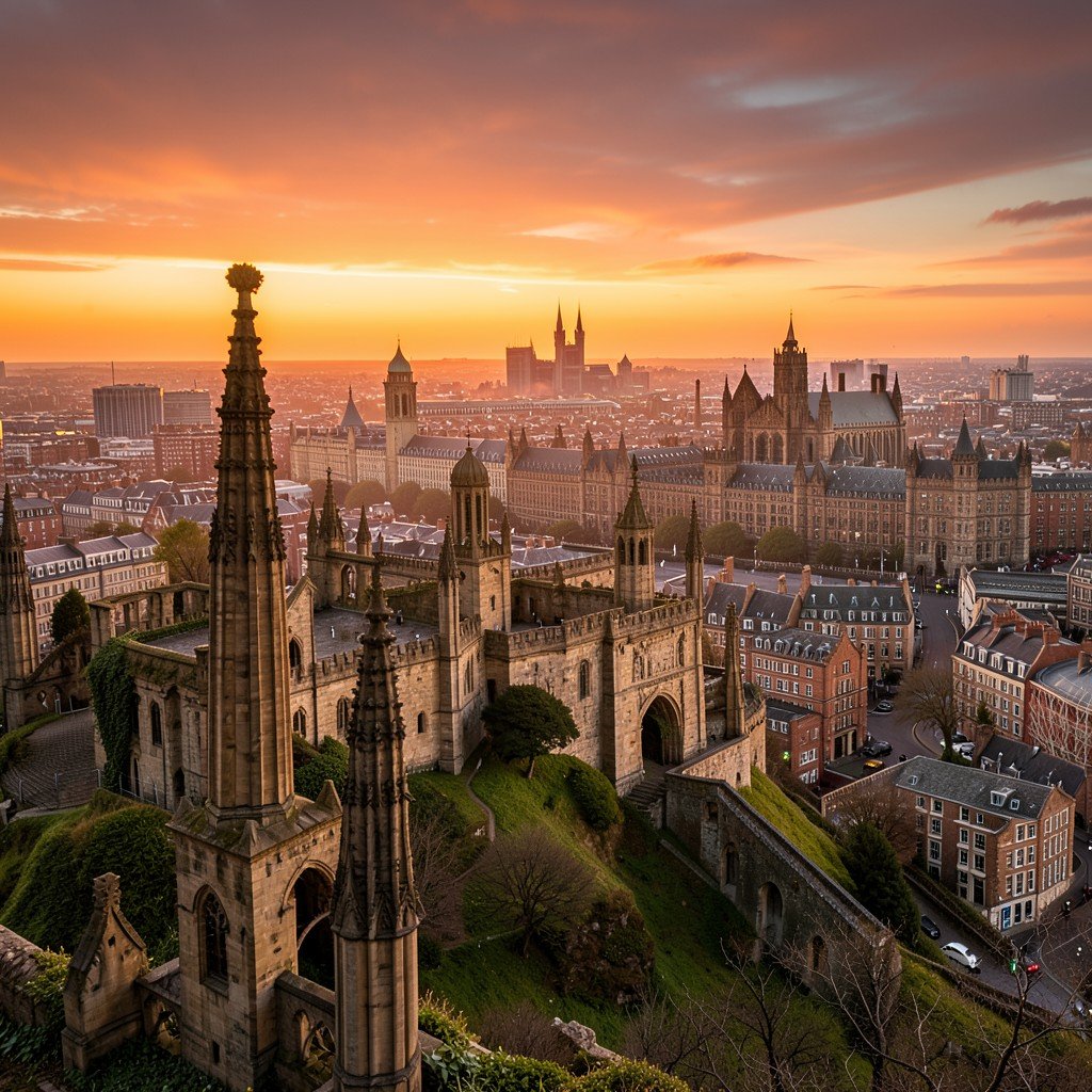 View from Calton Hill overlooking Edinburgh skyline at golden hour, historic monuments in foreground, Old Town and New Town visible, warm sunset colors, 4:3