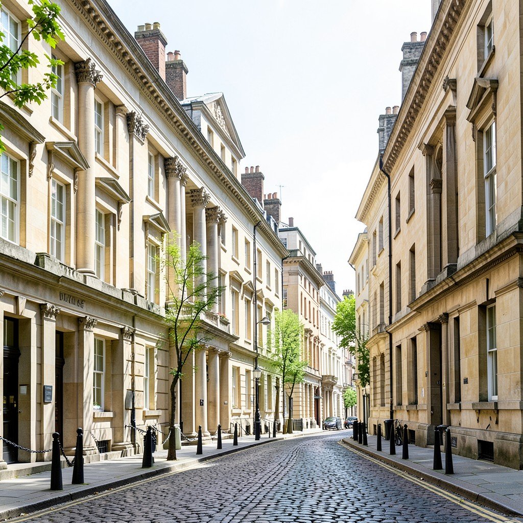 Georgian architecture street in Edinburgh New Town, uniform sandstone townhouses with classic facades, tree lined street, bright natural light, elegant historic atmosphere, 4:3