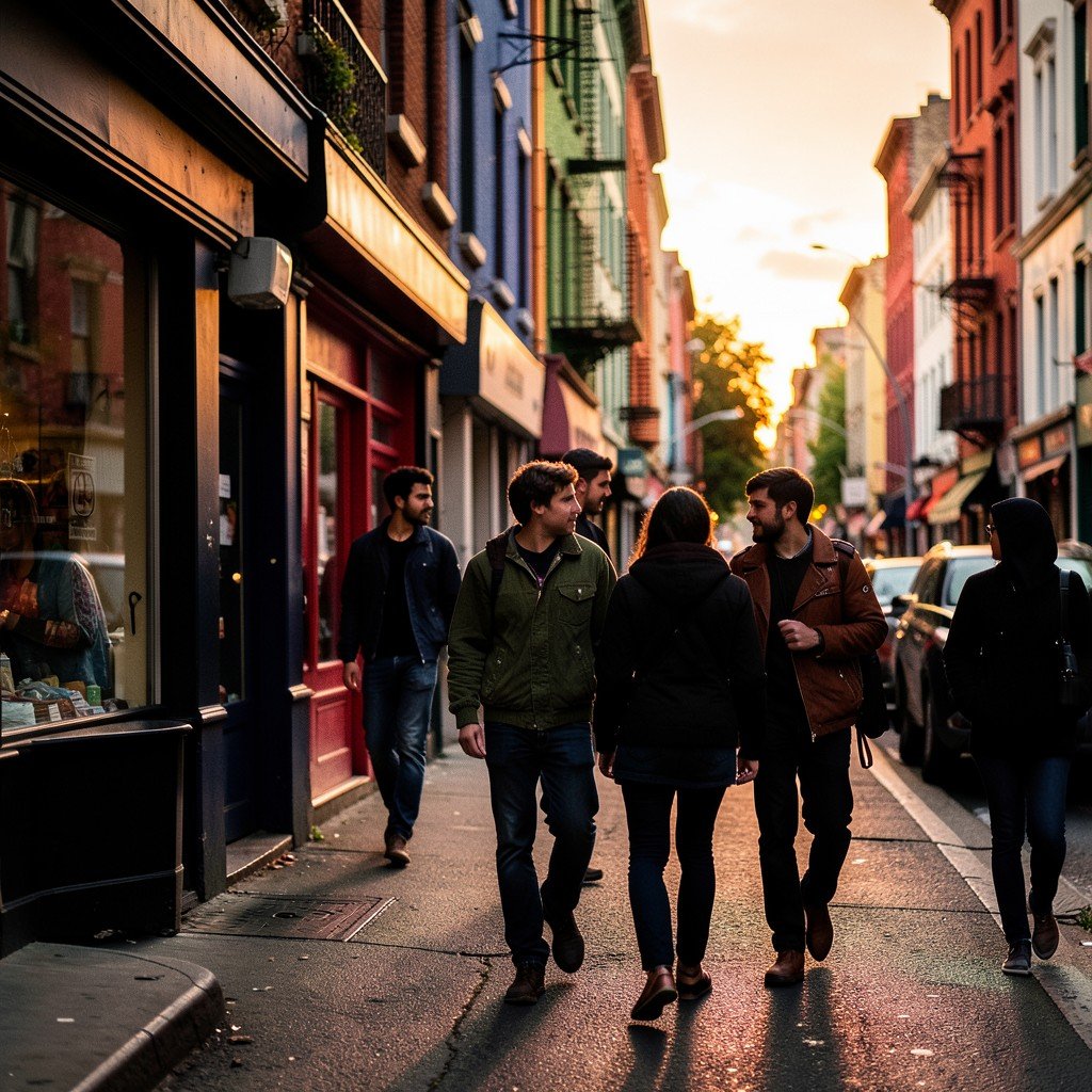 A city street scene with young adults walking past storefronts, slightly moody atmosphere with warm sunset tones, lifestyle photography, colorful urban background, 4:3