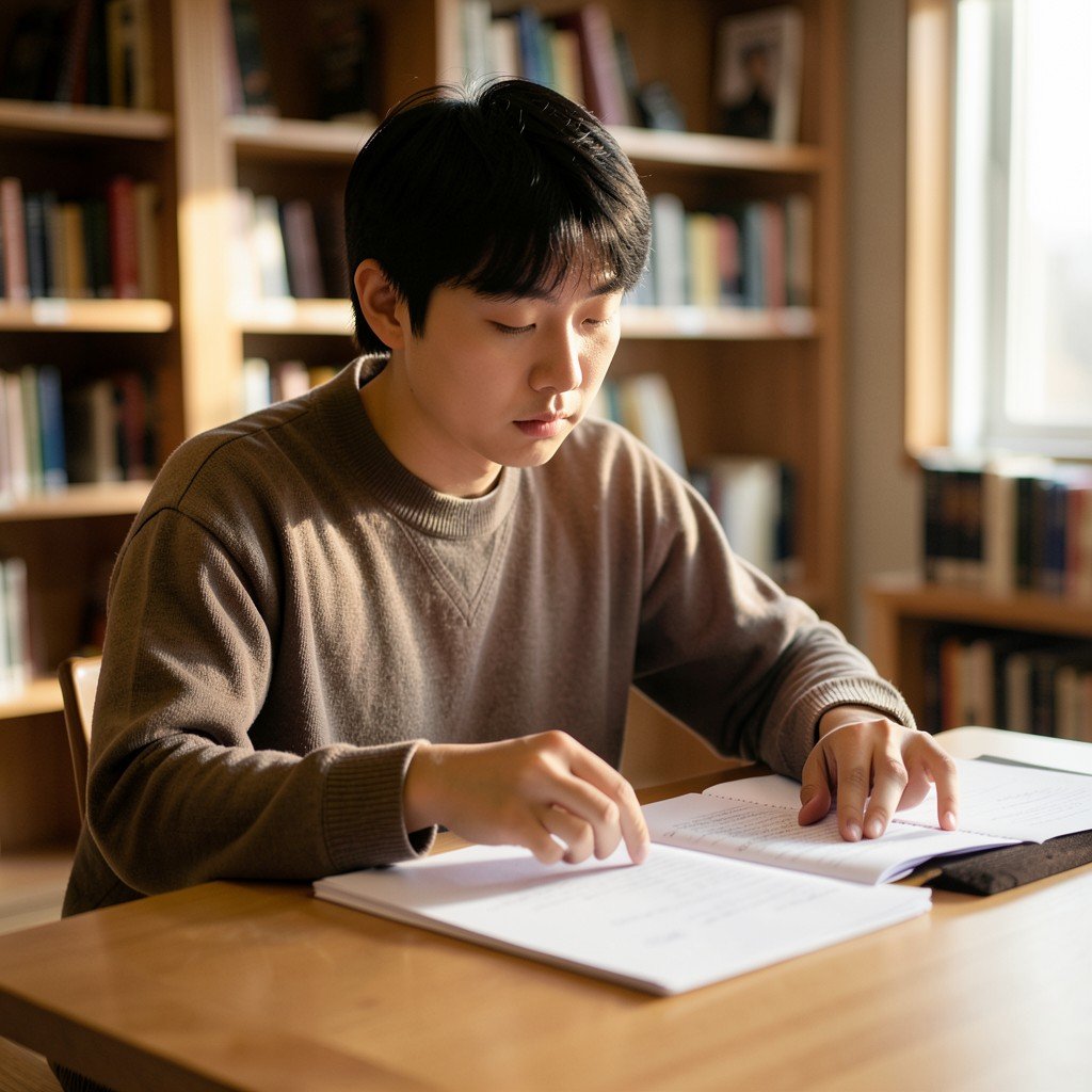 A Korean university student comparing notes and documents at a library table, pensive expression, soft natural lighting, warm tones, lifestyle photography, 4:3