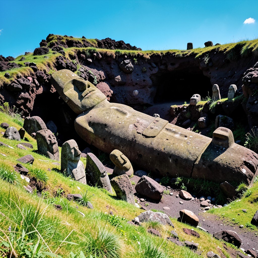 Unfinished giant moai statue still lying in the volcanic quarry of Rano Raraku, Easter Island, green grassy slope, scattered stone statues half buried, bright daylight, documentary photography style, 4:3
