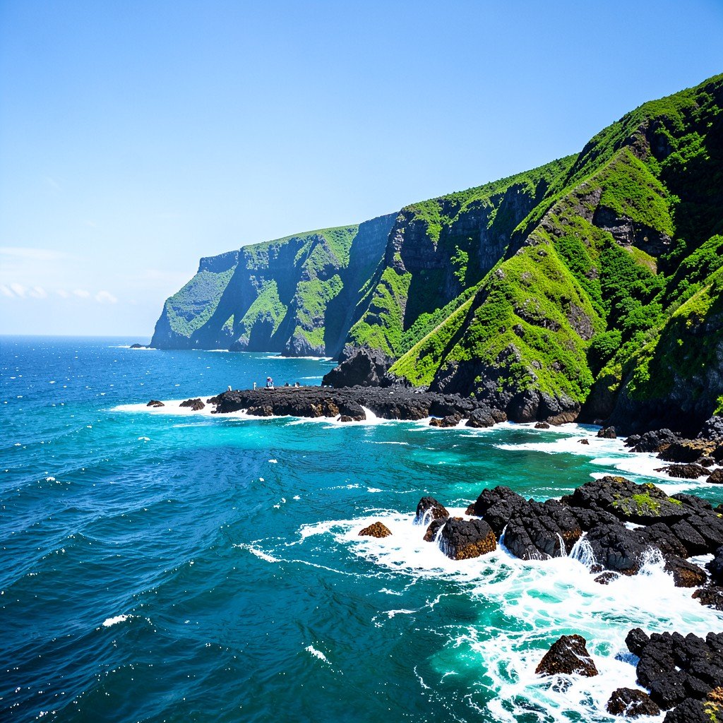 Volcanic coastline of Easter Island with turquoise Pacific Ocean waves crashing on black rocks, lush green cliffs, bright sunny day, vibrant travel photography, no people, 4:3