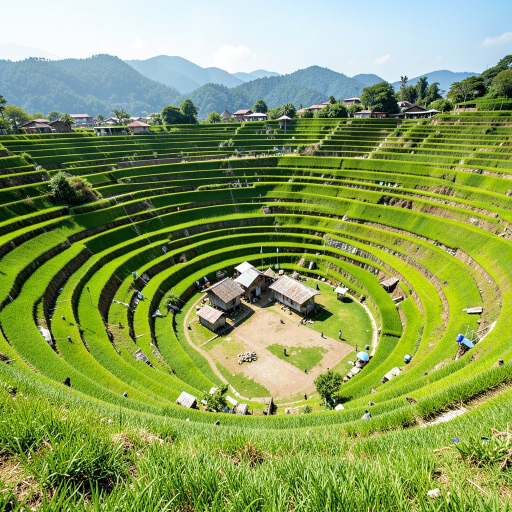 Amphitheater shaped Batad rice terraces in Ifugao Philippines, concentric green terraces forming a bowl shape, small village huts in the center, bright daylight, 4:3