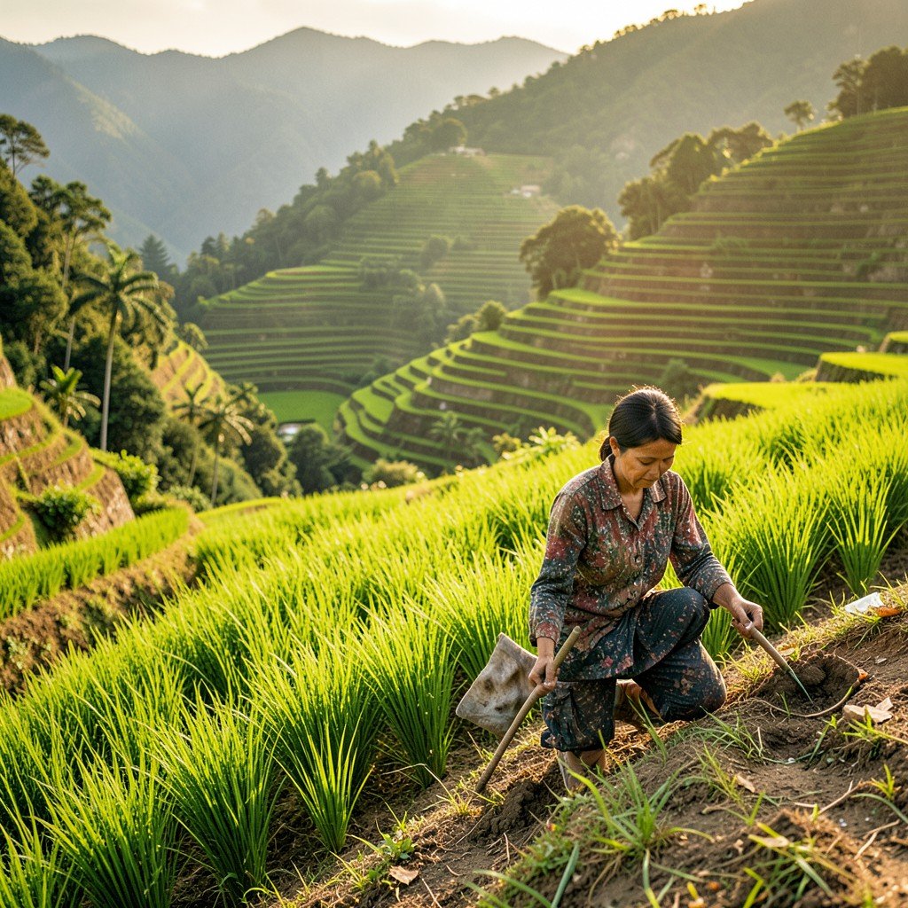 Filipino farmer working on a rice terrace paddy field in the Cordilleras, green rice seedlings, terraced slopes behind, natural warm lighting, documentary photography style, 4:3