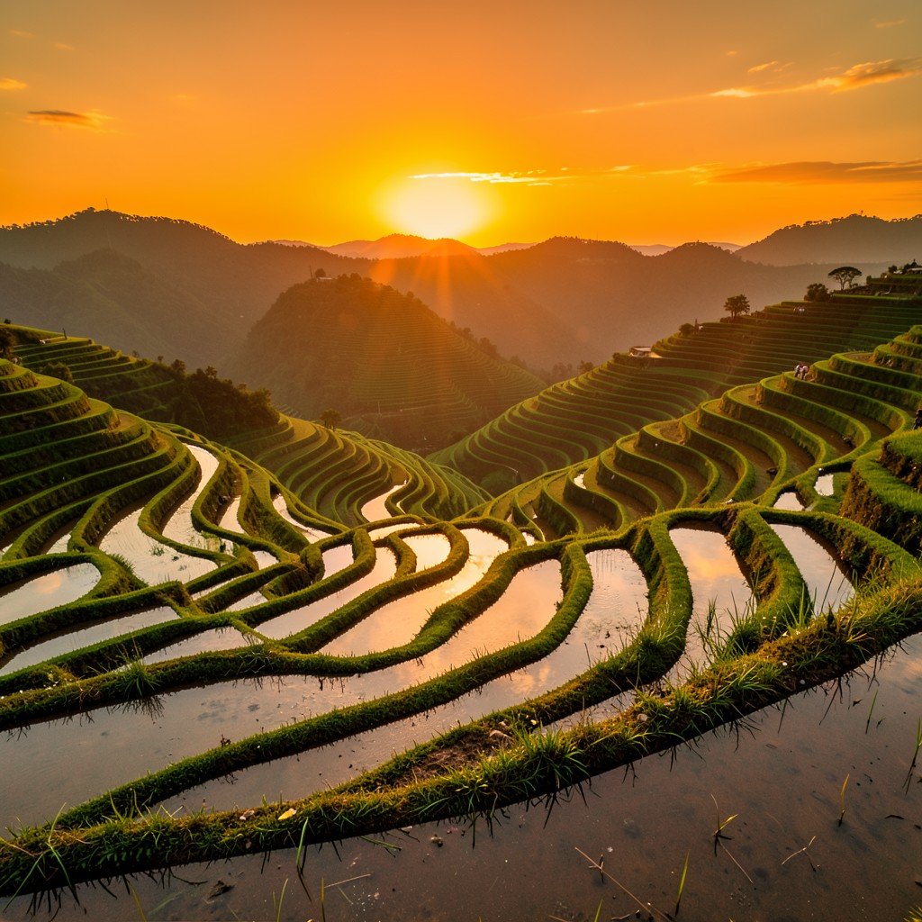 Golden sunset light over the Philippine Cordilleras rice terraces, warm orange sky reflecting on water filled paddies, layered green terraces stretching into the distance, 4:3