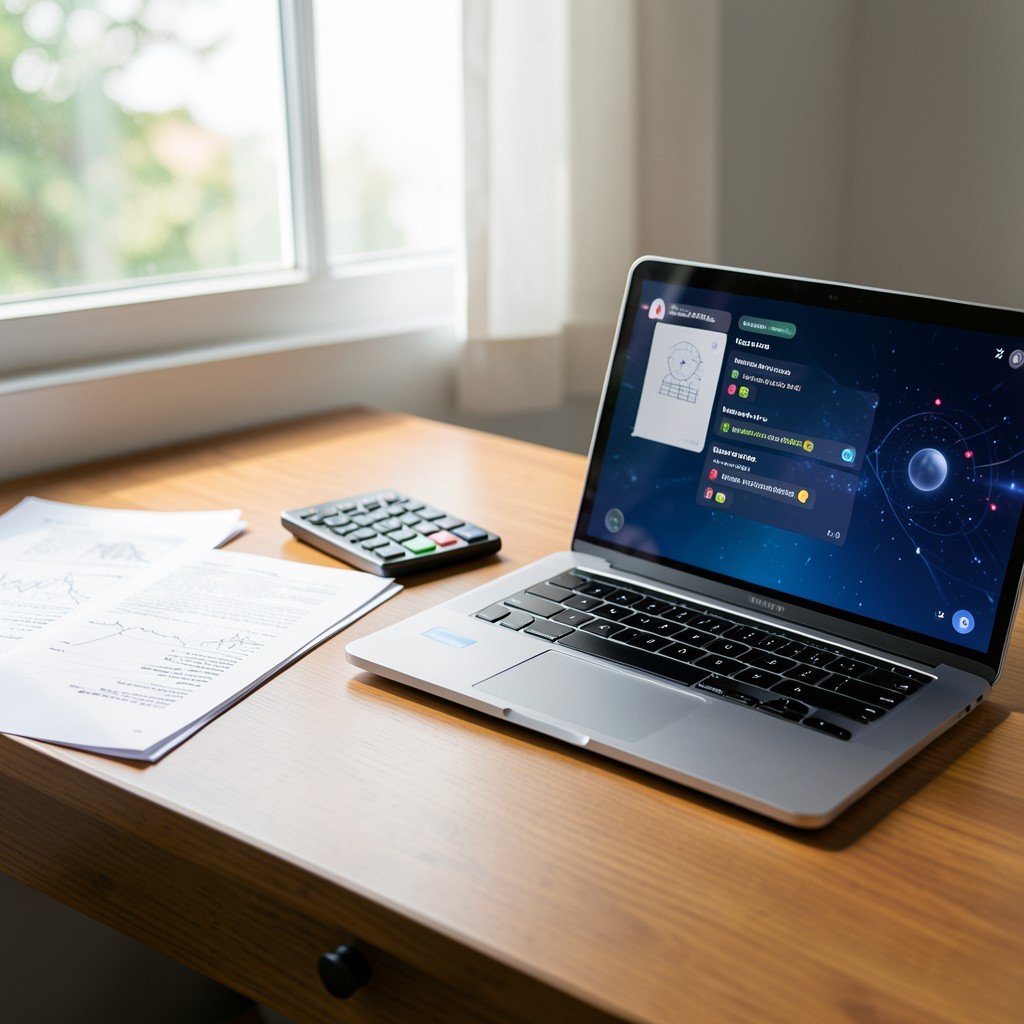 A desk with tax documents, a calculator, and a laptop showing an AI chat interface, soft natural lighting from a window, realistic photography style, 4:3
