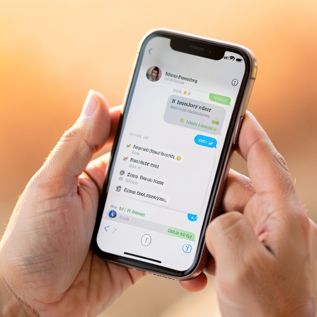 Close-up of hands holding a smartphone with a finance chat app open, warm gradient background, lifestyle photography, natural lighting, no visible readable text, 4:3