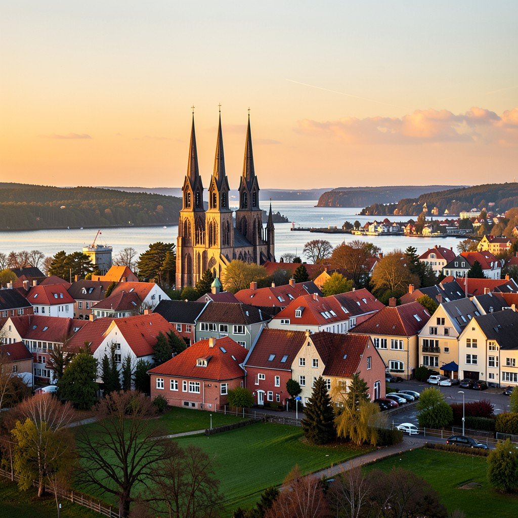Scenic view of Roskilde town with cathedral spires rising above red rooftops near fjord, golden hour light, Danish countryside landscape, peaceful travel destination, 4:3