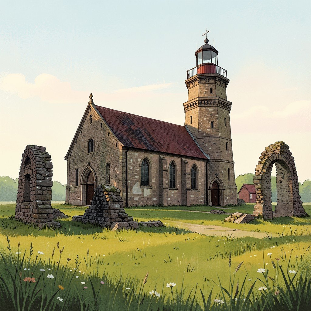 Historic old church and lighthouse of Schokland surrounded by green meadows and stone ruins, Netherlands heritage site, soft warm afternoon light, artistic illustration style, 4:3