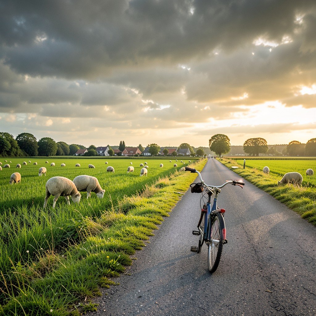 A bicycle on a quiet rural road through Dutch polder landscape near Schokland, green fields, grazing sheep and dramatic cloudy sky, lifestyle photography, warm natural lighting, 4:3