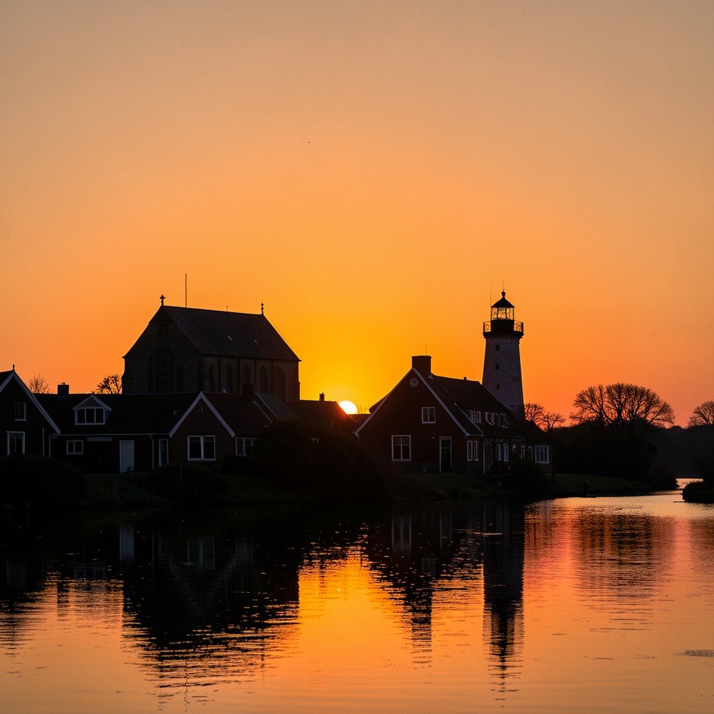 Peaceful sunset over Schokland heritage landscape in the Netherlands, silhouettes of old church and lighthouse against orange sky, calm reflective atmosphere, photography style, 4:3