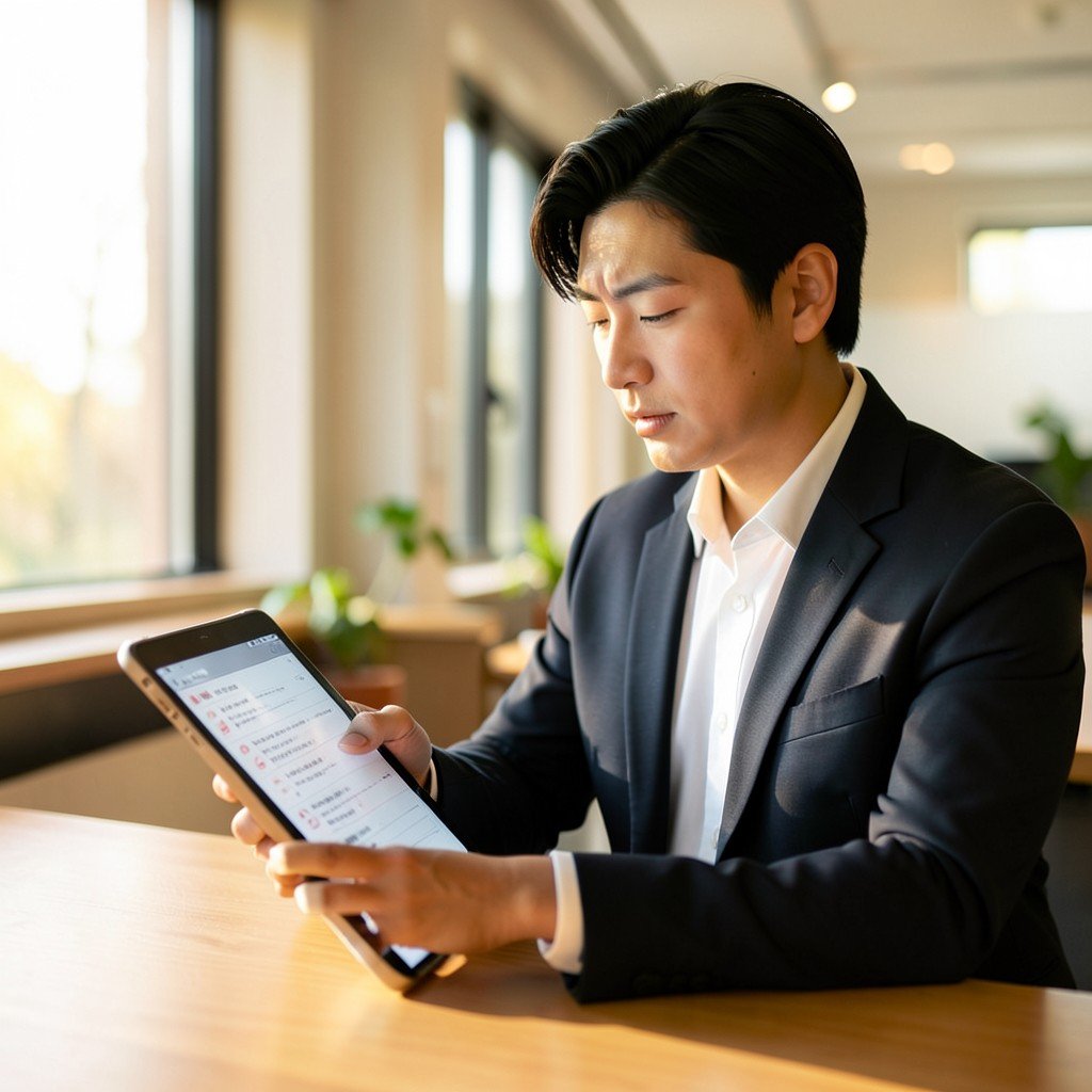 A professional reviewing a checklist on a tablet in a modern office, warm natural lighting, focused expression, Korean appearance, no visible text, 1:1
