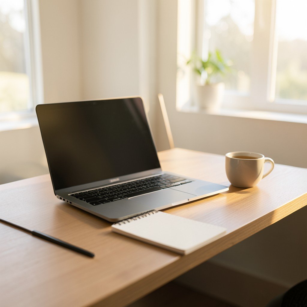 Calm modern office desk with laptop coffee and notebook, soft morning light through window, minimal warm tones, no visible text, 4:3