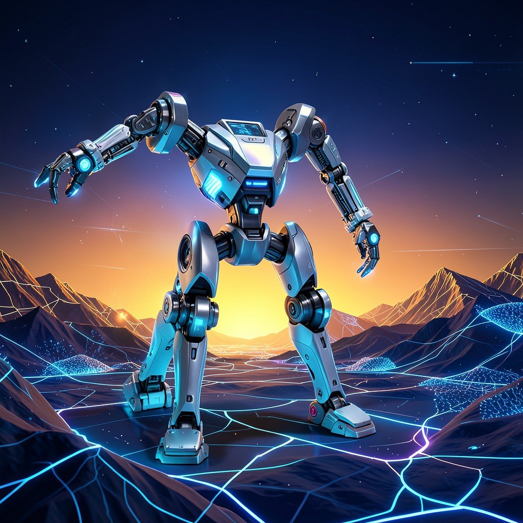 Futuristic illustration of a four legged robot standing in a glowing 3D virtual game environment with digital terrain on dark blue and orange gradient background, robotics and AI world model theme, no visible text, bright balanced lighting, 4:3 aspect ratio