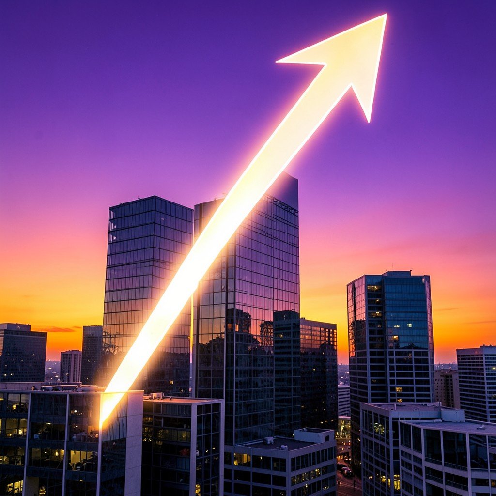 Upward rising glowing arrow over a modern office skyline at dusk, startup growth concept, vibrant purple and orange gradient sky, no text, no charts, 4:3