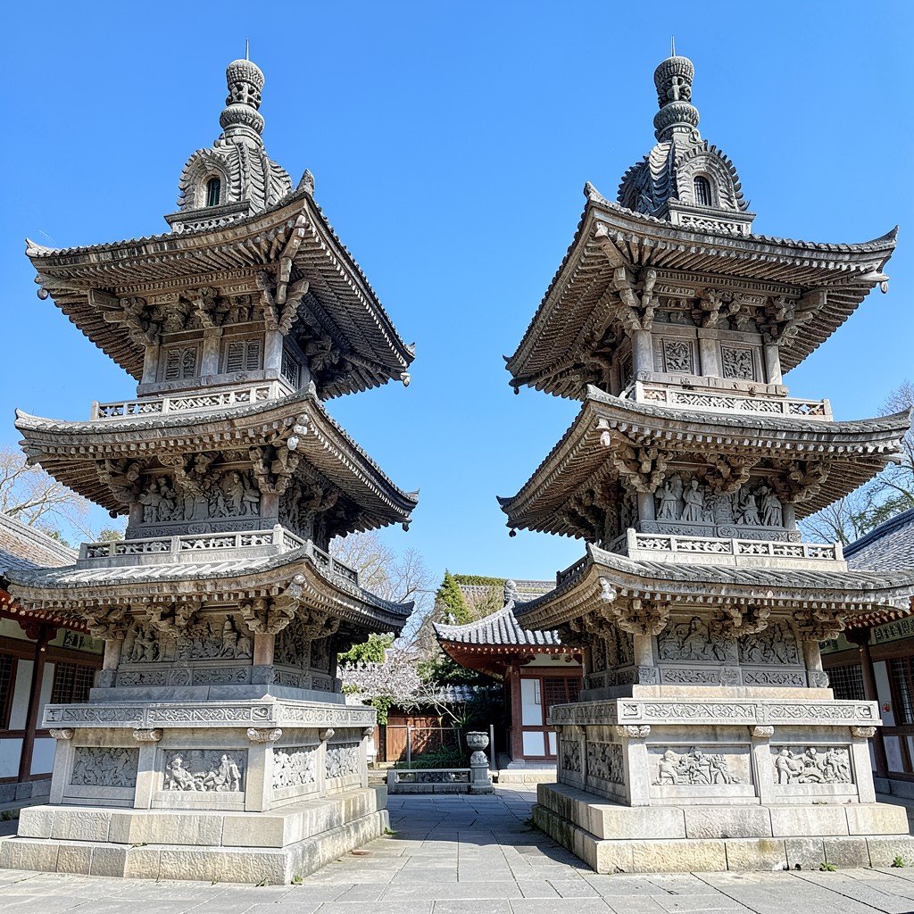 Dabotap and Seokgatap stone pagodas facing each other at Bulguksa Temple courtyard, detailed stone carvings, clear blue sky, Korean Buddhist heritage, no text, 4:3
