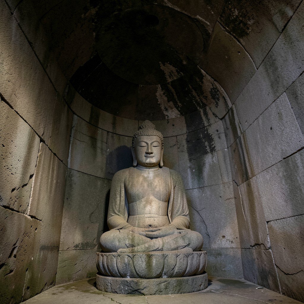 Seokguram Grotto main Buddha statue inside granite stone chamber, serene expression, dome ceiling, soft ambient lighting, ancient Korean Buddhist sculpture, no text, 4:3