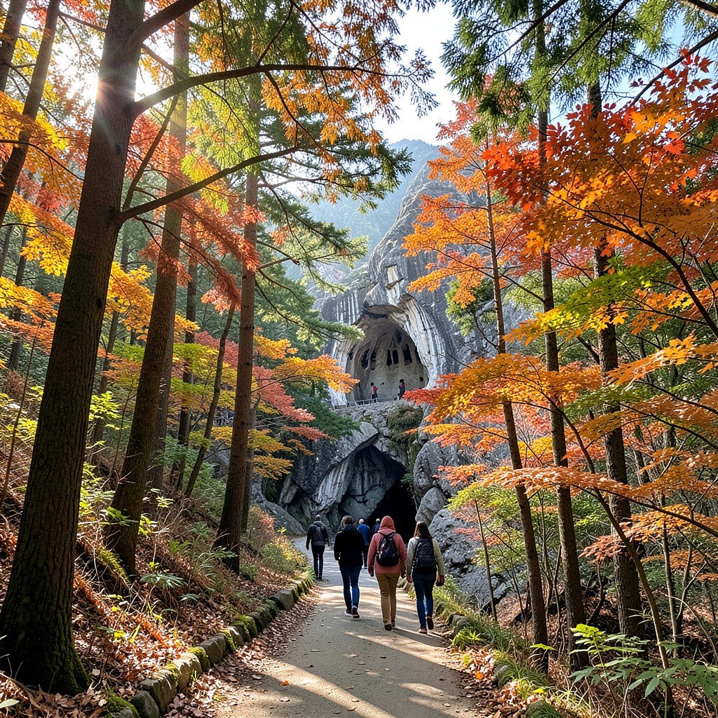 forest trail on Tohamsan Mountain leading to Seokguram Grotto, Korean visitors walking among autumn trees, dappled sunlight through leaves, peaceful hiking path, no text, 4:3