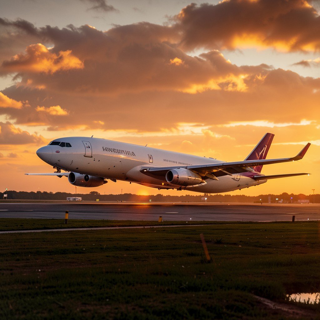 A large widebody long haul jet taking off from a runway at golden hour, dramatic warm sky, aviation photography, no visible text, 4:3