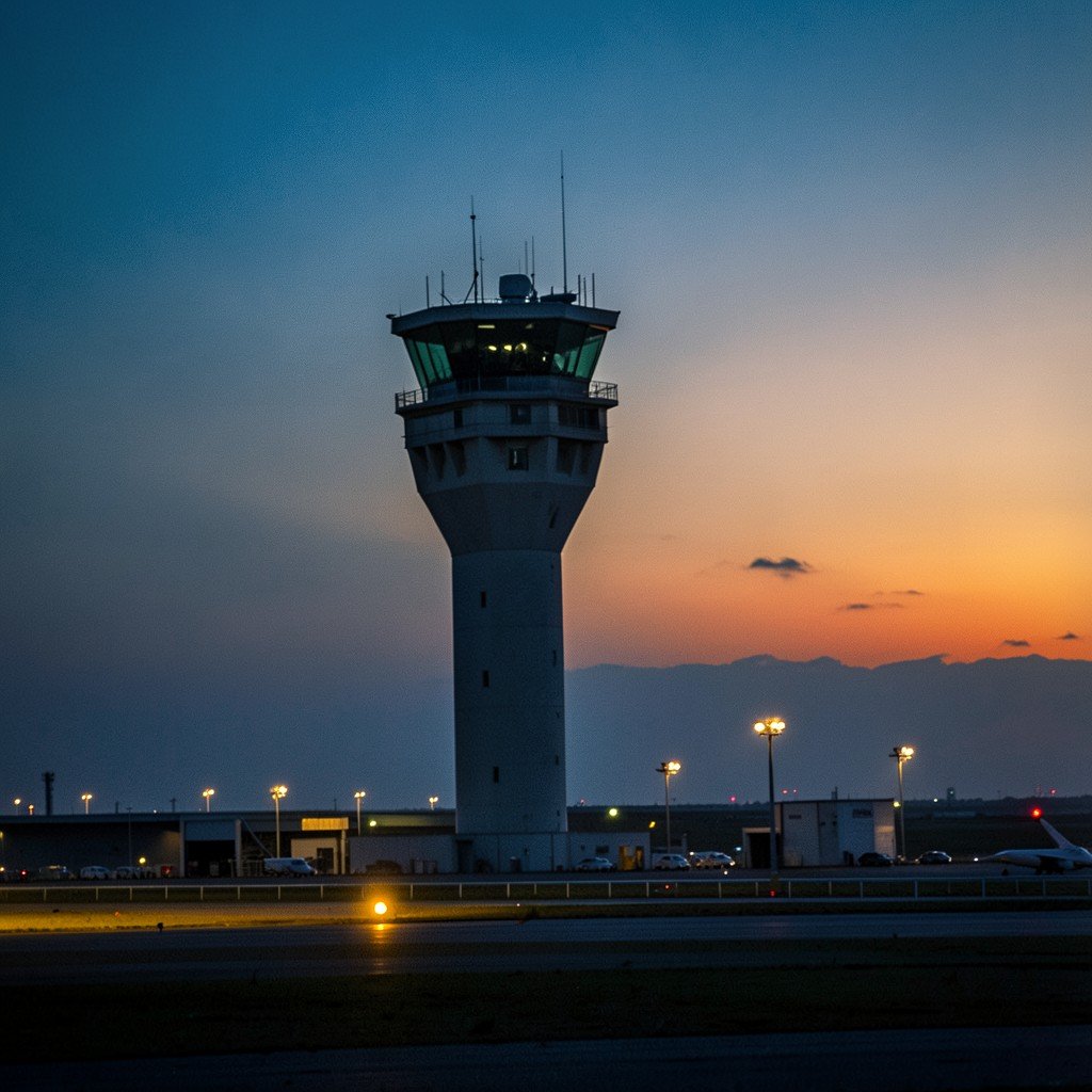 An airport air traffic control tower at dusk with runway lights glowing, moody blue and orange gradient sky, cinematic photography, no visible text, 4:3