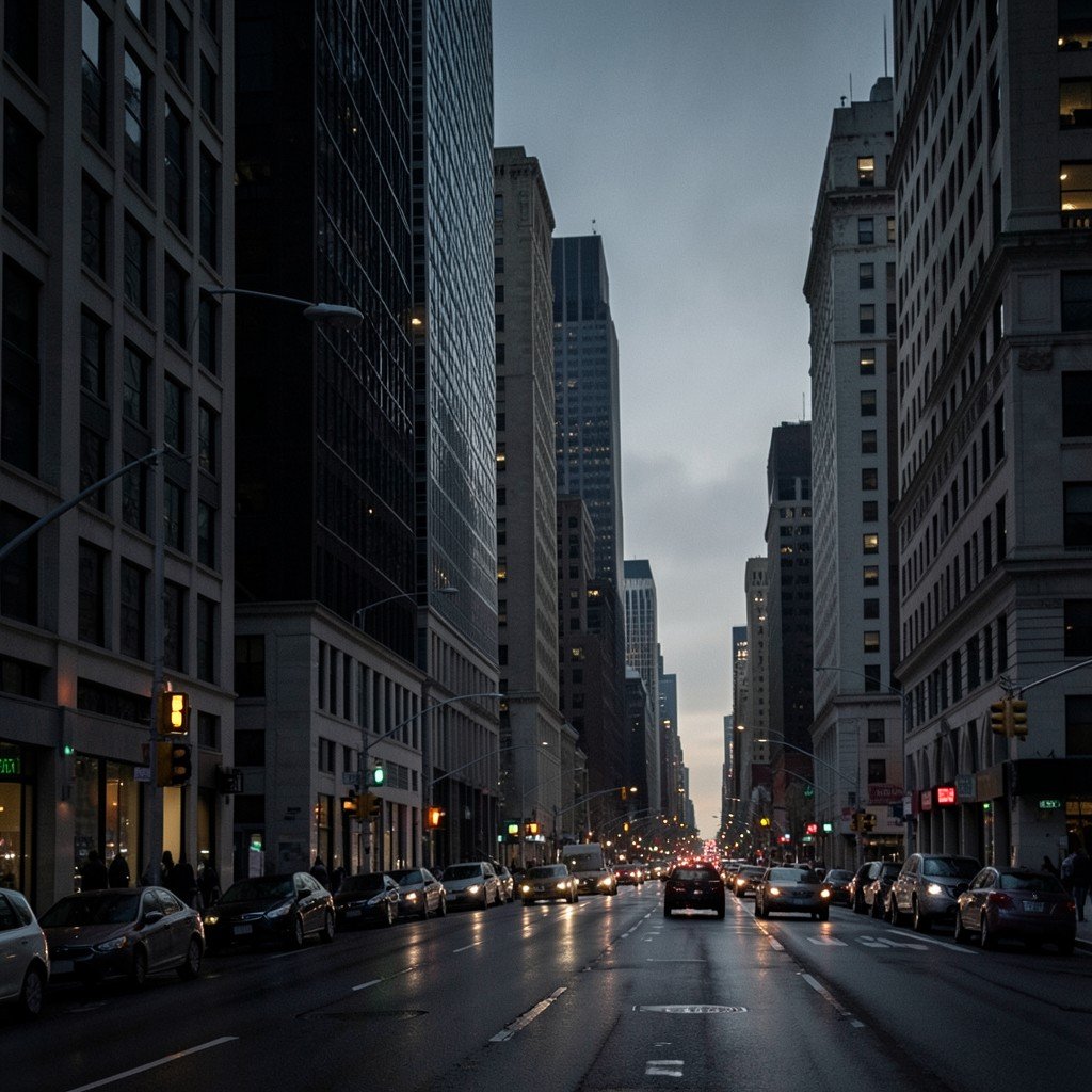 A moody financial district street scene at dawn with tall office buildings and a somber atmosphere suggesting a stock market pullback, no charts or graphs, no visible text, 1:1