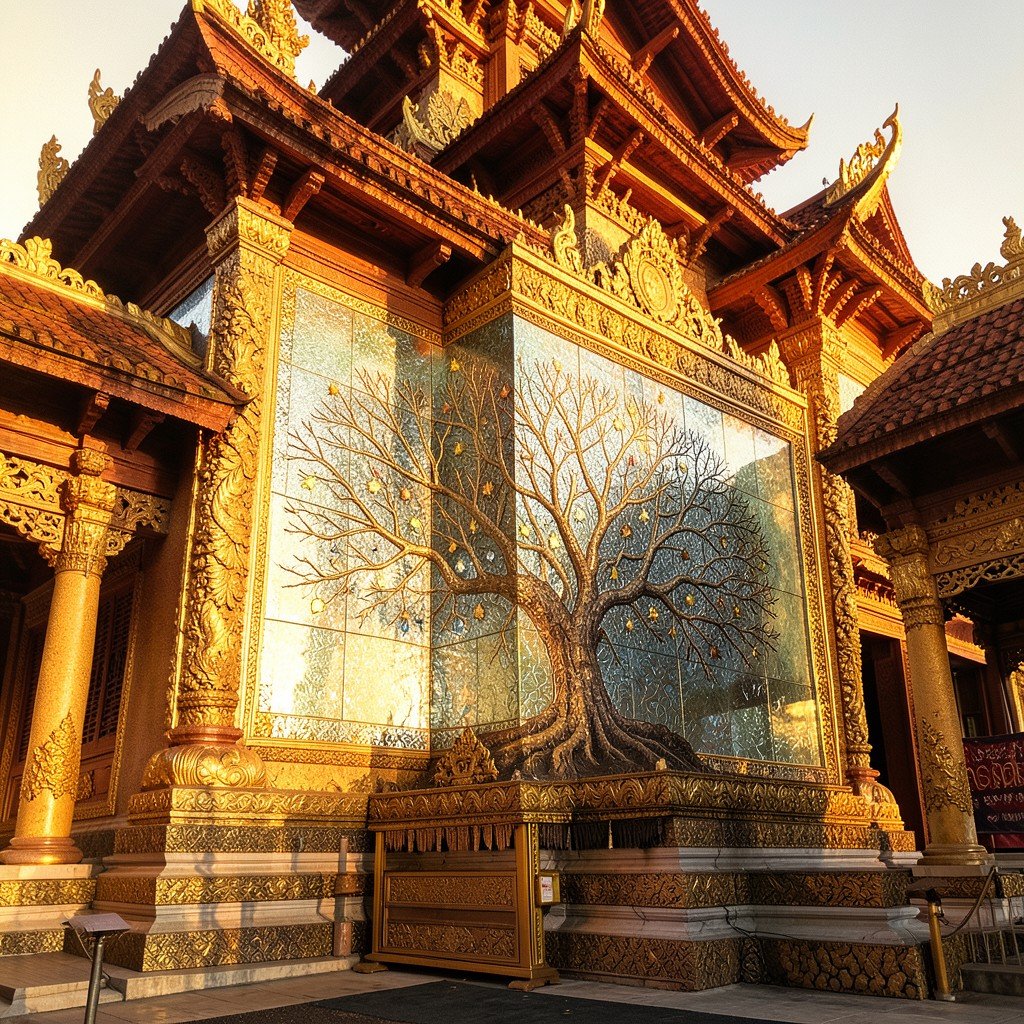 Wat Xieng Thong temple in Luang Prabang with tree of life glass mosaic wall, golden details, traditional Lao architecture, artistic rendering, warm golden light, 4:3