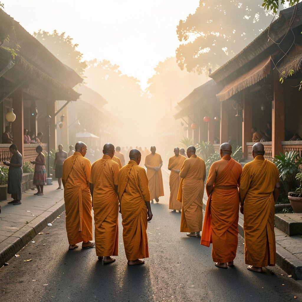 Buddhist monks in saffron robes walking quietly at dawn for alms giving ceremony in Luang Prabang street, soft morning mist, respectful distance view, warm ambient light, 4:3