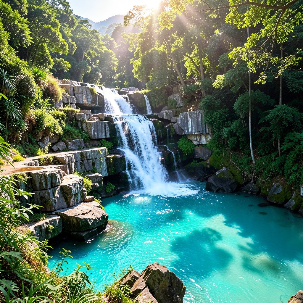 Kuang Si waterfall near Luang Prabang with turquoise blue pools cascading over limestone terraces, lush green jungle, sunlight filtering through trees, vibrant natural scenery, 4:3