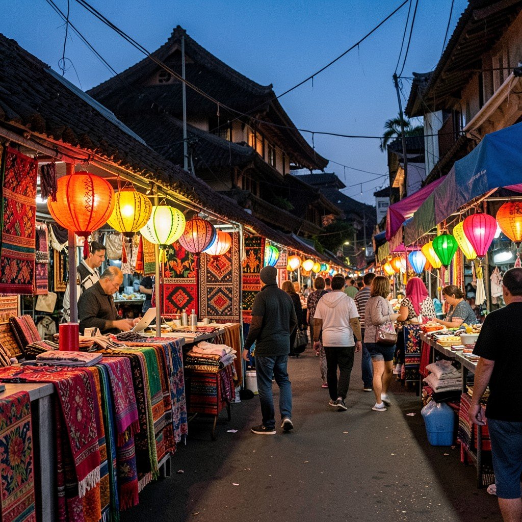 Luang Prabang night market stalls with colorful handmade textiles and lanterns glowing, warm evening atmosphere, bustling street scene, no visible text, 4:3