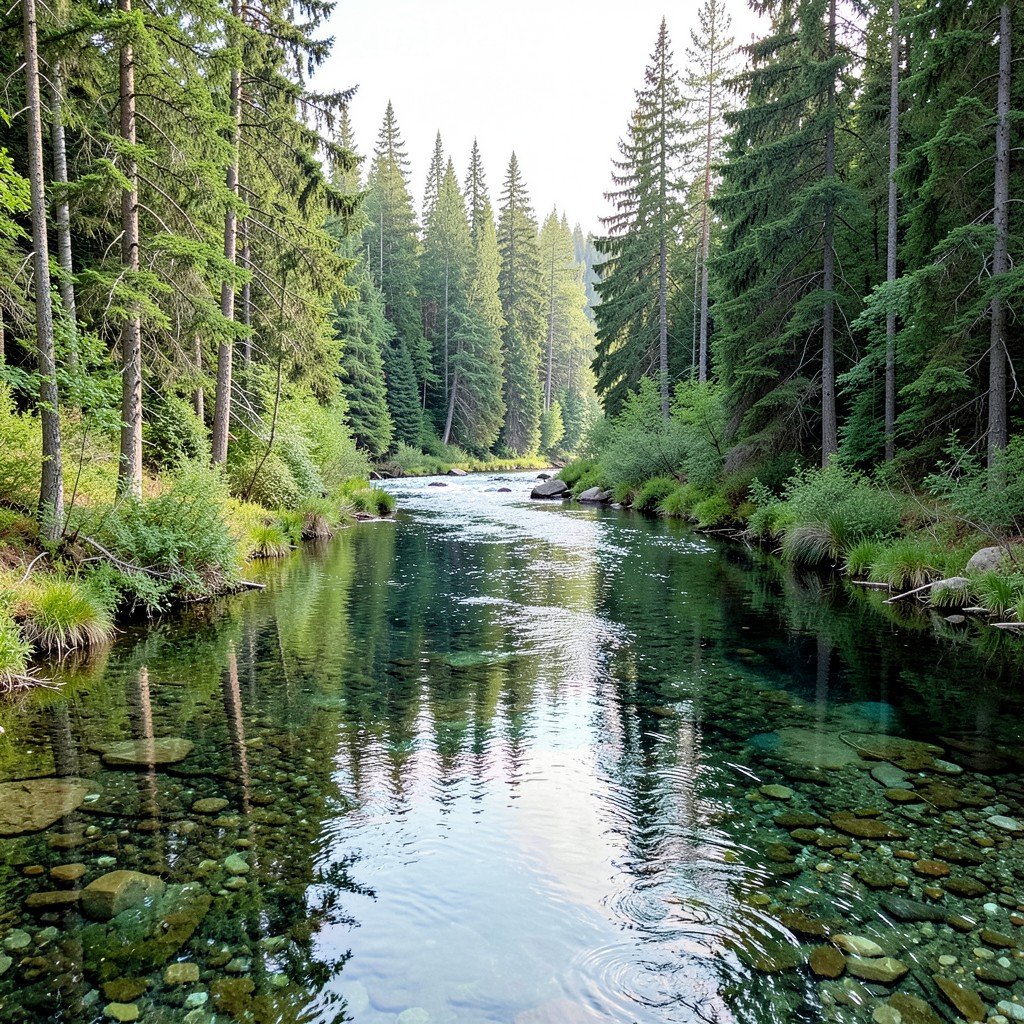Crystal clear river flowing through dense Siberian taiga forest, untouched wilderness of Virgin Komi Forests, coniferous trees reflected in water, soft daylight, no people, 4:3