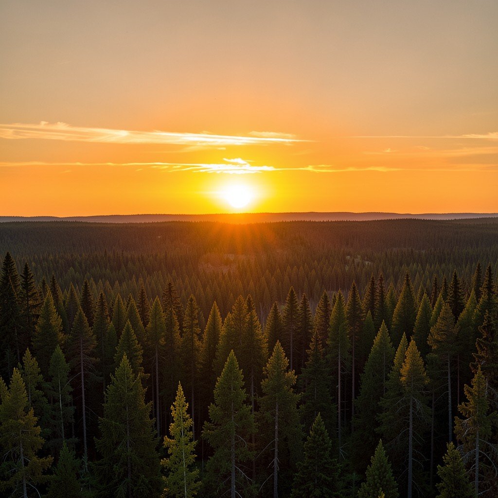 Golden sunset over endless northern taiga forest, Virgin Komi Forests landscape, warm orange sky over dark green conifers, peaceful untouched nature, wide panoramic view, 4:3