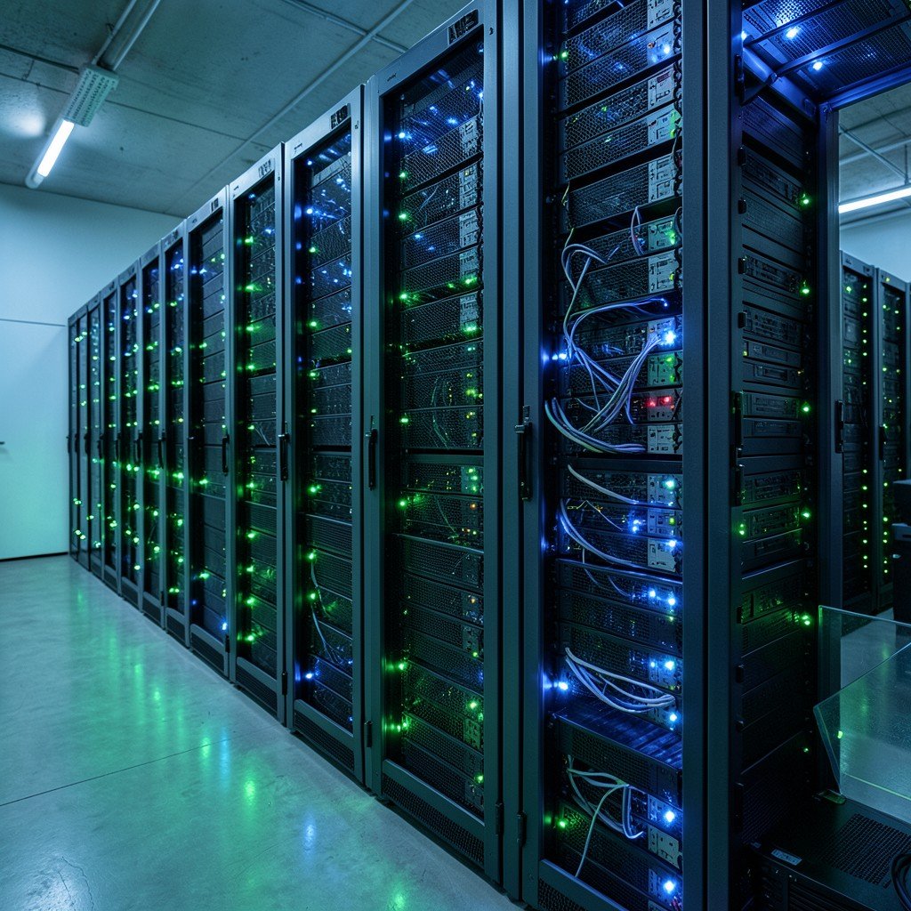 rows of modern data center server racks with green and blue LED lights, energy efficient technology concept, cool toned interior photography, 4:3