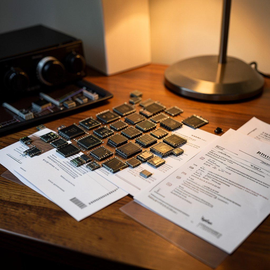 investment portfolio concept with semiconductor chips and financial documents on wooden desk, warm professional lighting, lifestyle photography, 4:3