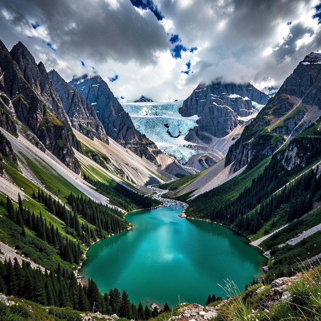 glacial valley with emerald lake and steep mountain ridges in Waterton Glacier International Peace Park, dramatic clouds, vivid colors, landscape photography, 4:3