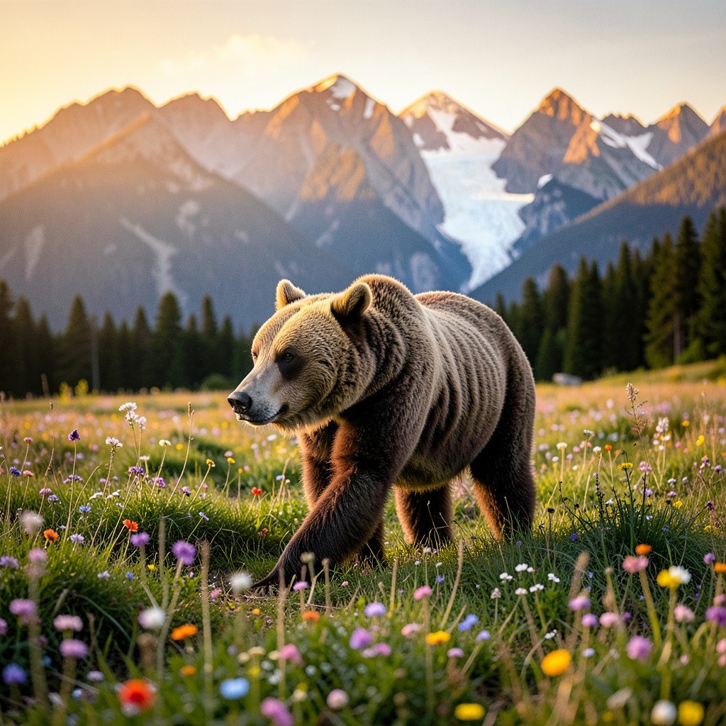 wild grizzly bear walking through wildflower meadow in Waterton Glacier park, mountains in background, golden hour light, wildlife photography, 4:3