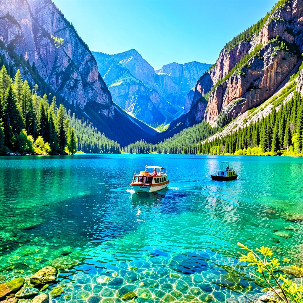 tour boat cruising on clear blue lake between mountain cliffs, Waterton lake scenery, summer sunlight, vibrant nature colors, 4:3
